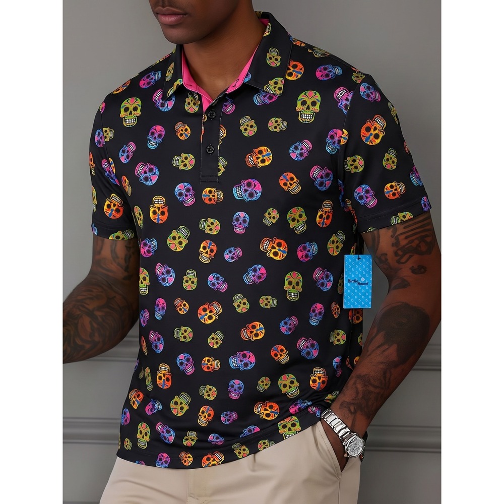 Birdie Bound Polo Shirt Mens Small Black Sugar Skull UPF 50+ Stretch Golf Top
